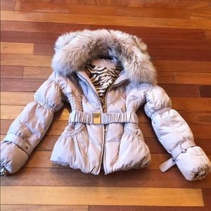 Blush pink fox fur trim belted puffer coat M